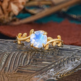 4 Prong Round Cut Moonstone Nature Inspired Leaf Engagement Ring